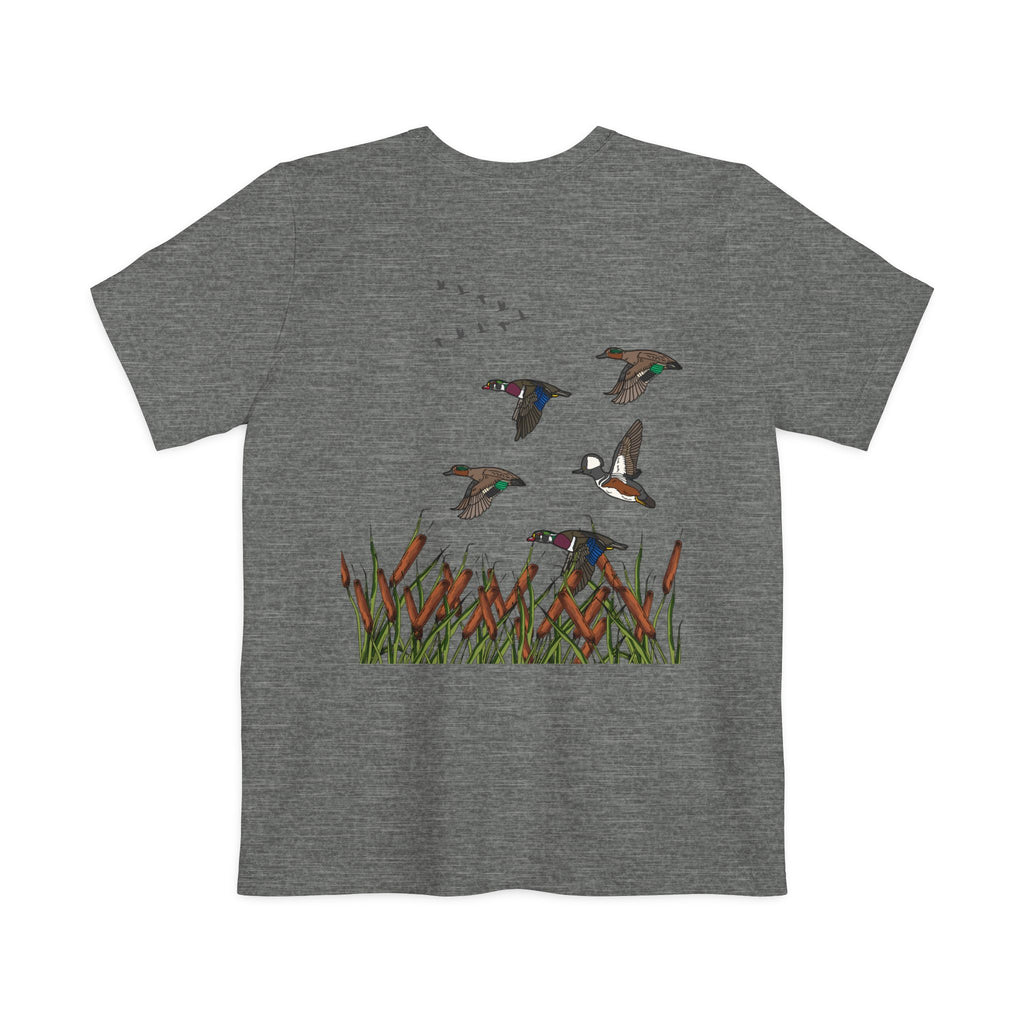 Pocket T-Shirt — Vintage Duck Marsh Graphic Tee (Cattails & Flying Ducks)