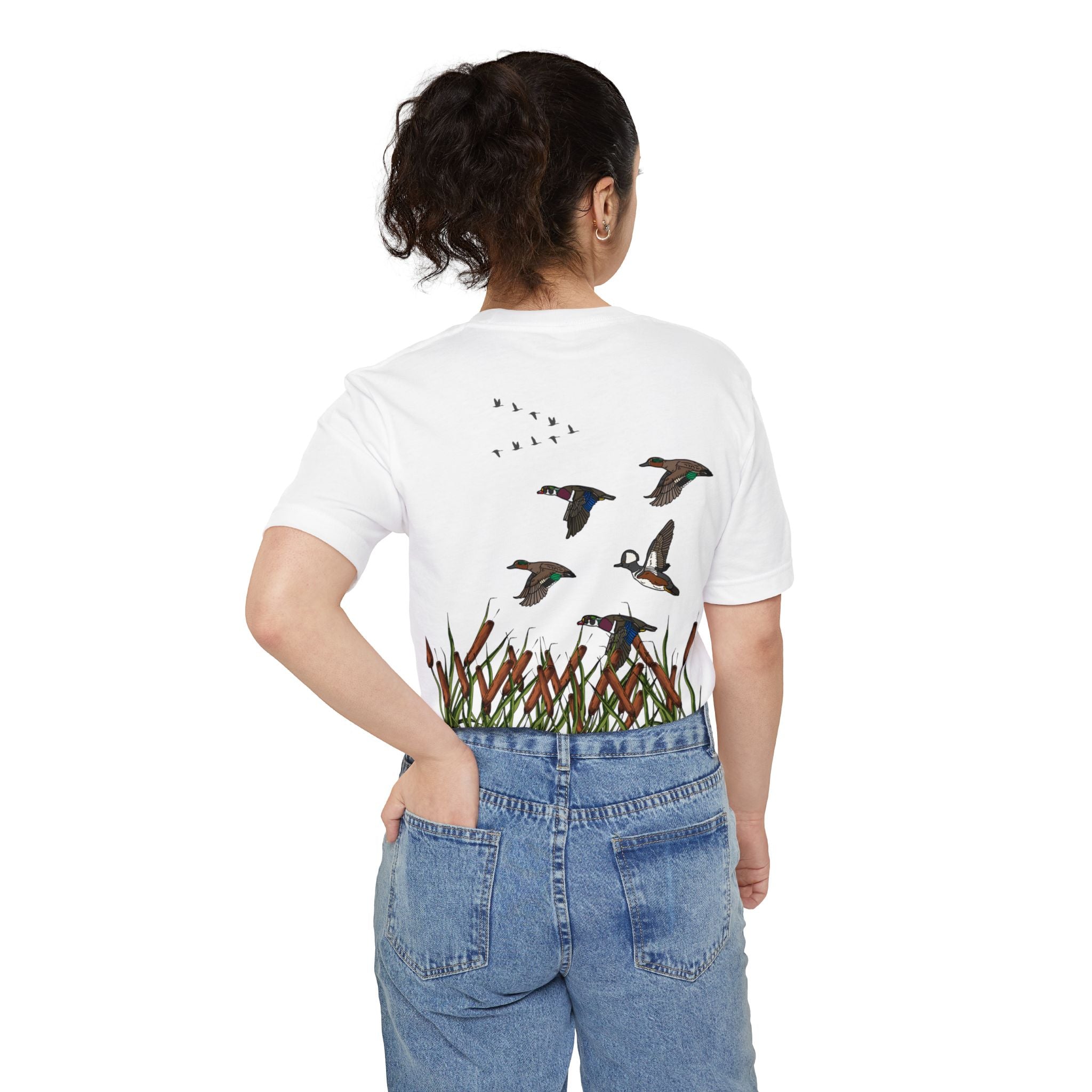 Pocket T-Shirt — Vintage Duck Marsh Graphic Tee (Cattails & Flying Ducks)