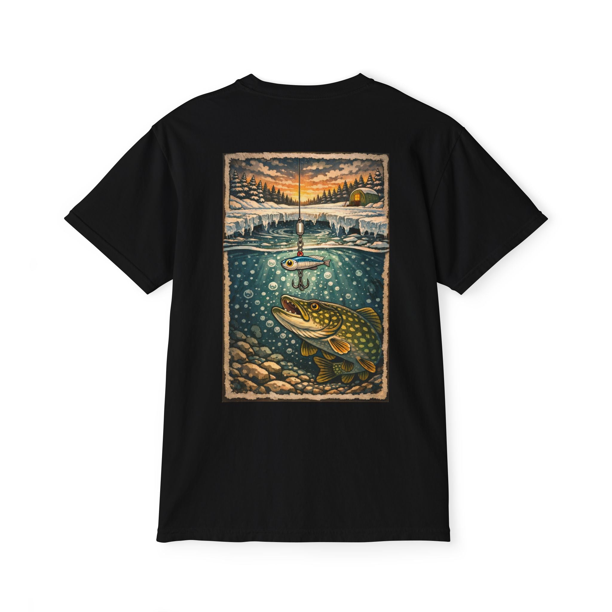 Fishing Pocket T-Shirt — Ice fishing Lake Art Tee