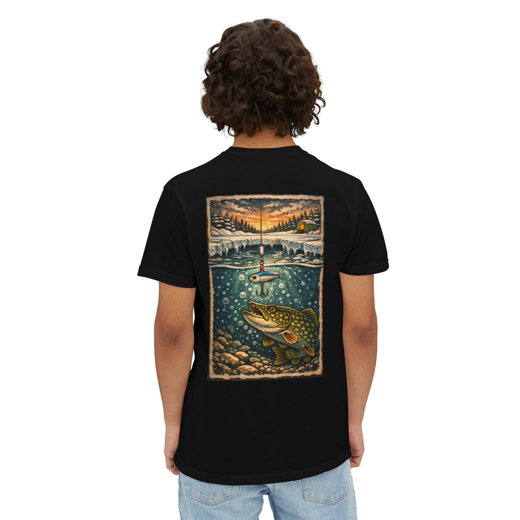 Fishing Pocket T-Shirt — Ice fishing Lake Art Tee