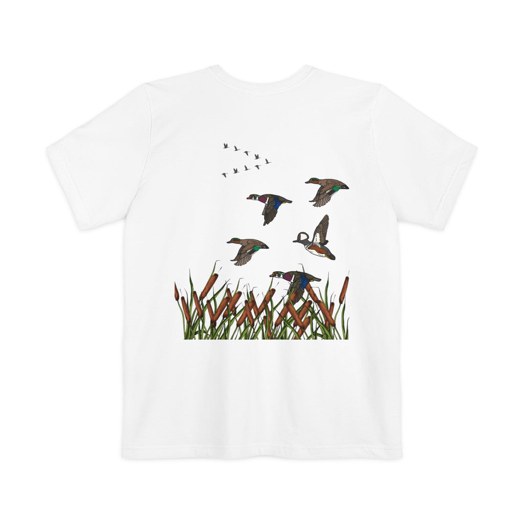 Pocket T-Shirt — Vintage Duck Marsh Graphic Tee (Cattails & Flying Ducks)