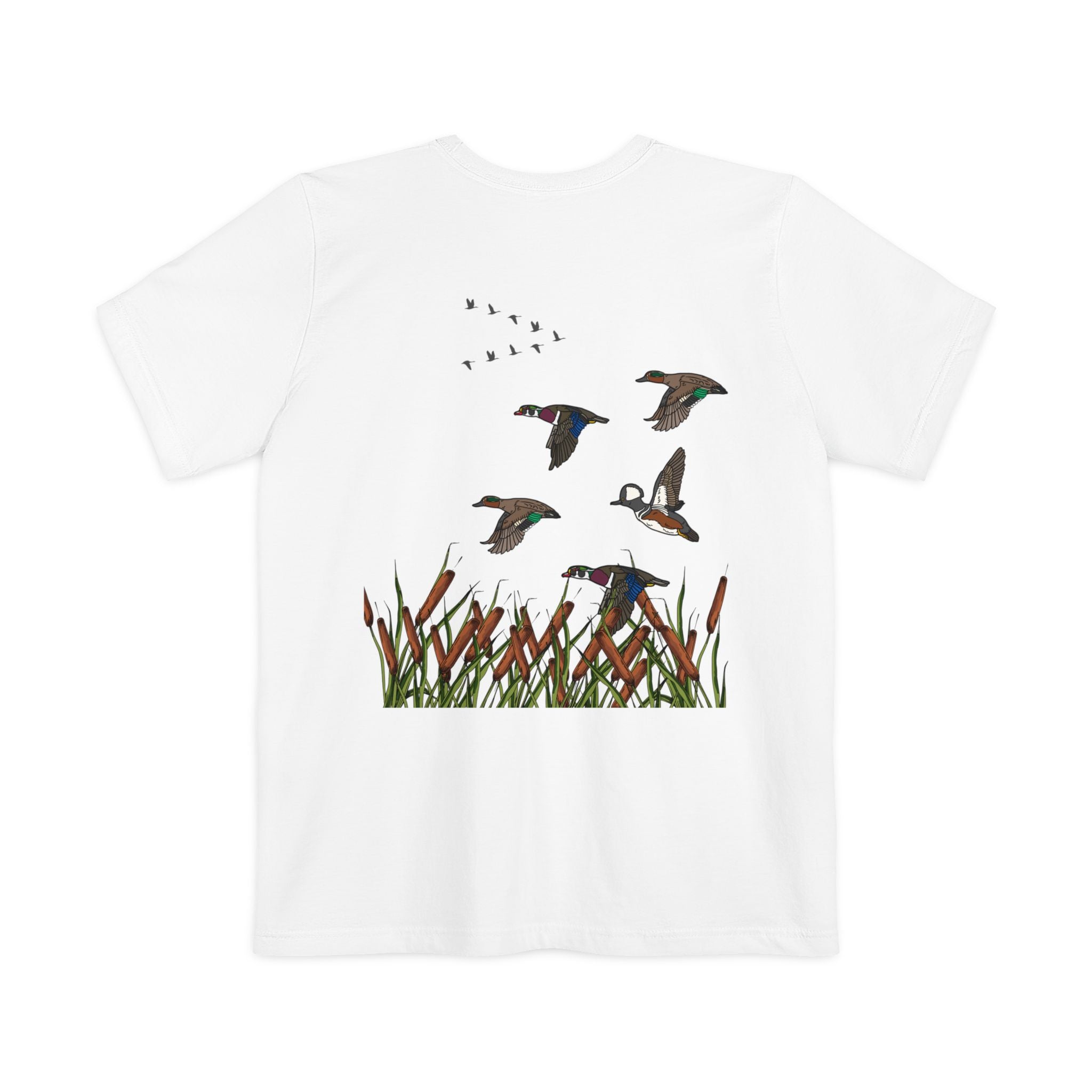 Pocket T-Shirt — Vintage Duck Marsh Graphic Tee (Cattails & Flying Ducks)