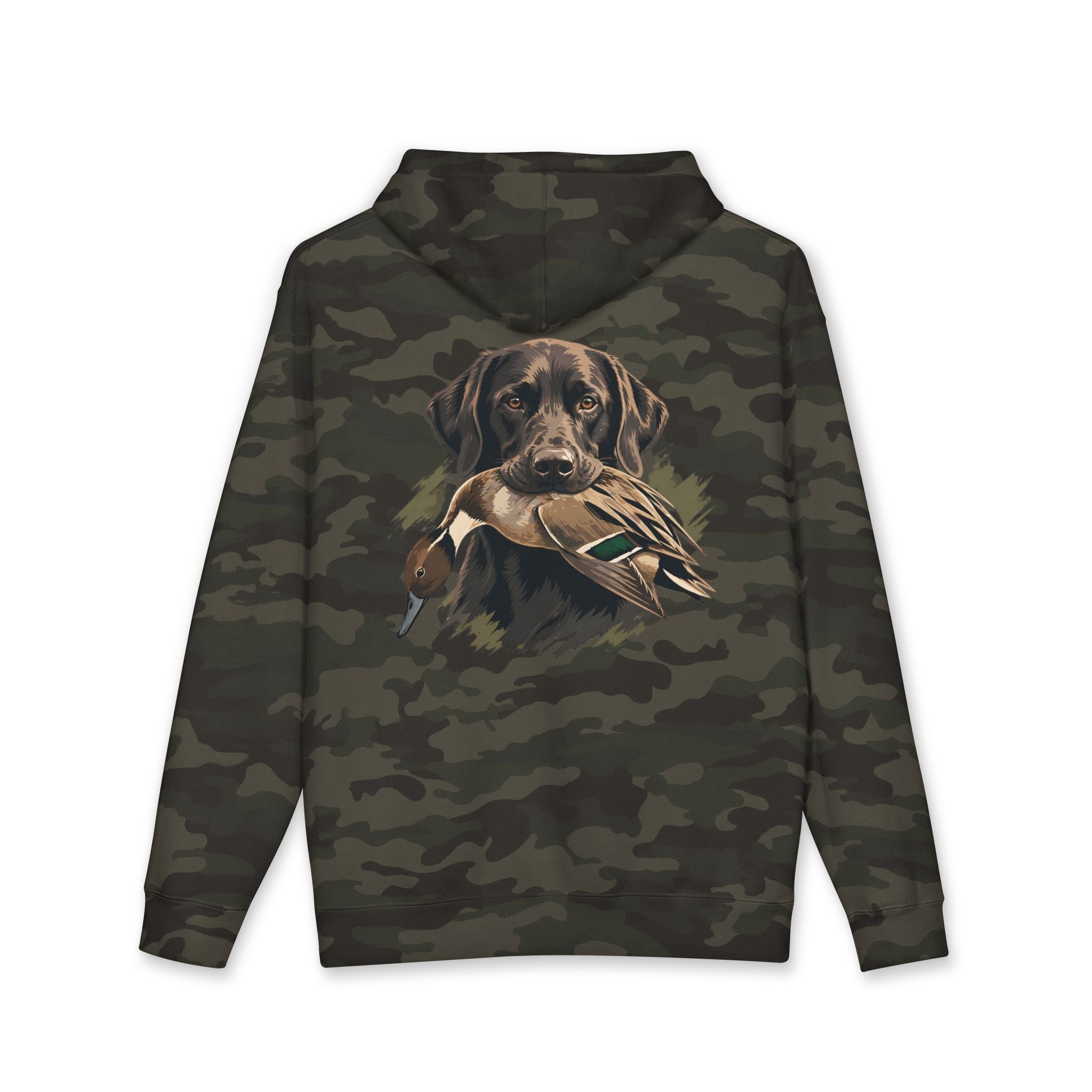 Hoodie — Chocolate Lab Retriever with Duck Decoy Hunting Design