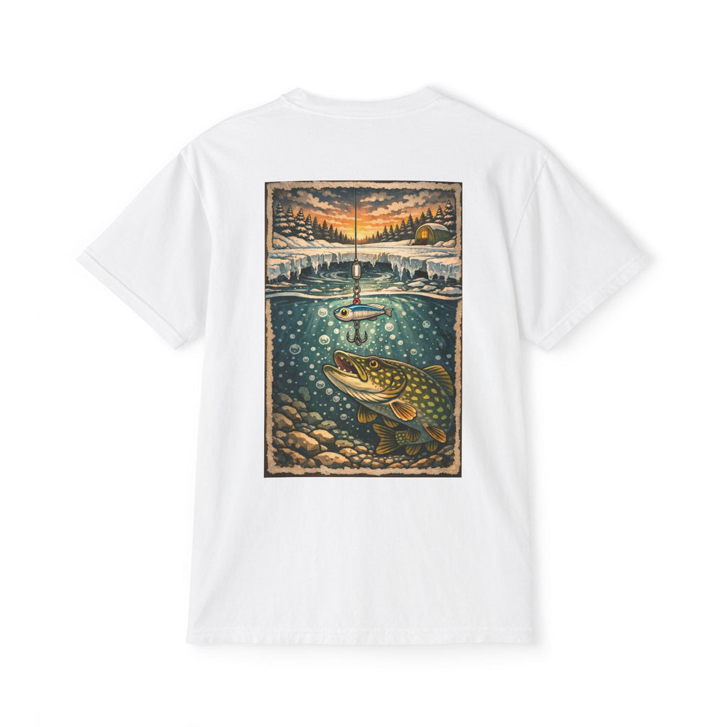 Fishing Pocket T-Shirt — Ice fishing Lake Art Tee