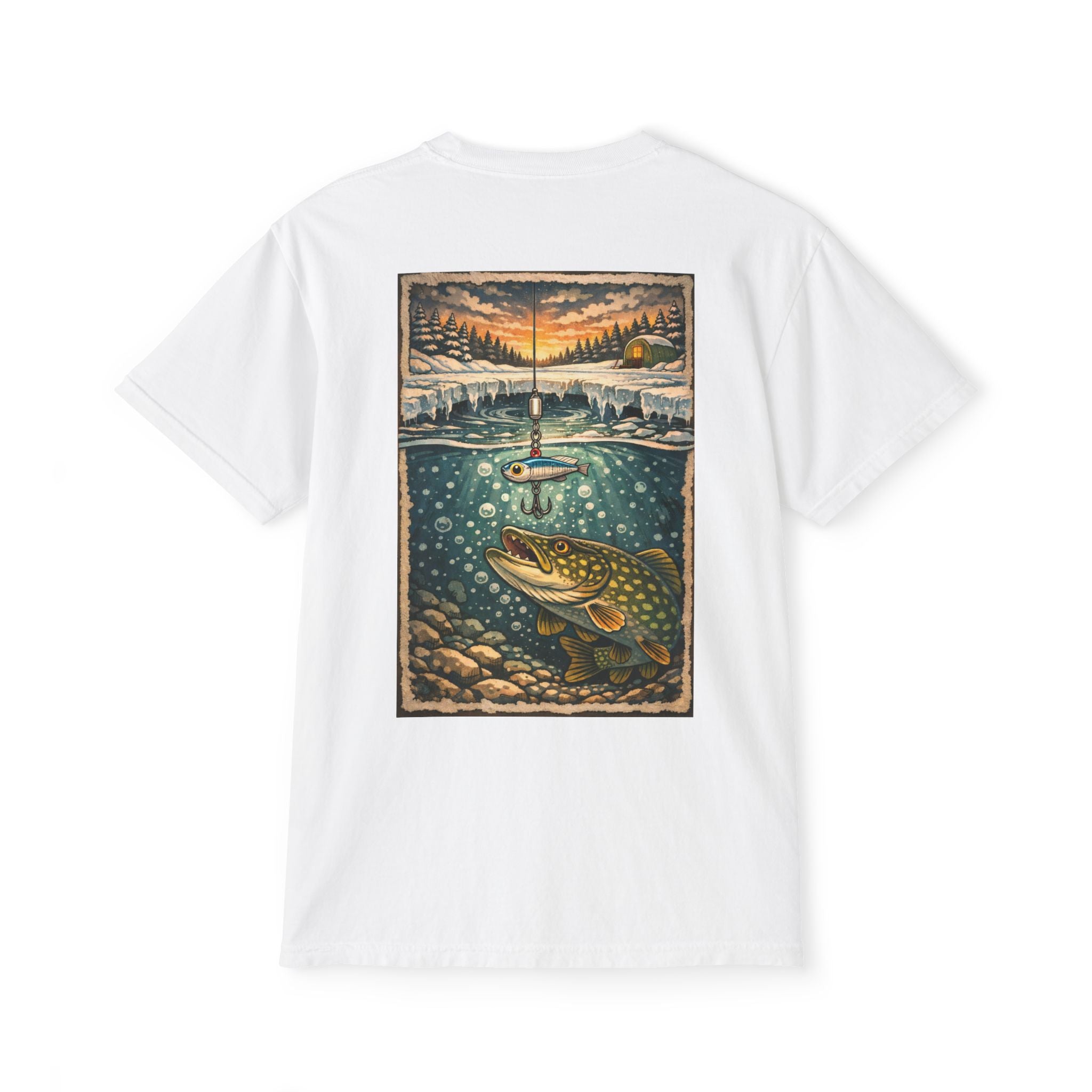 Fishing Pocket T-Shirt — Ice fishing Lake Art Tee