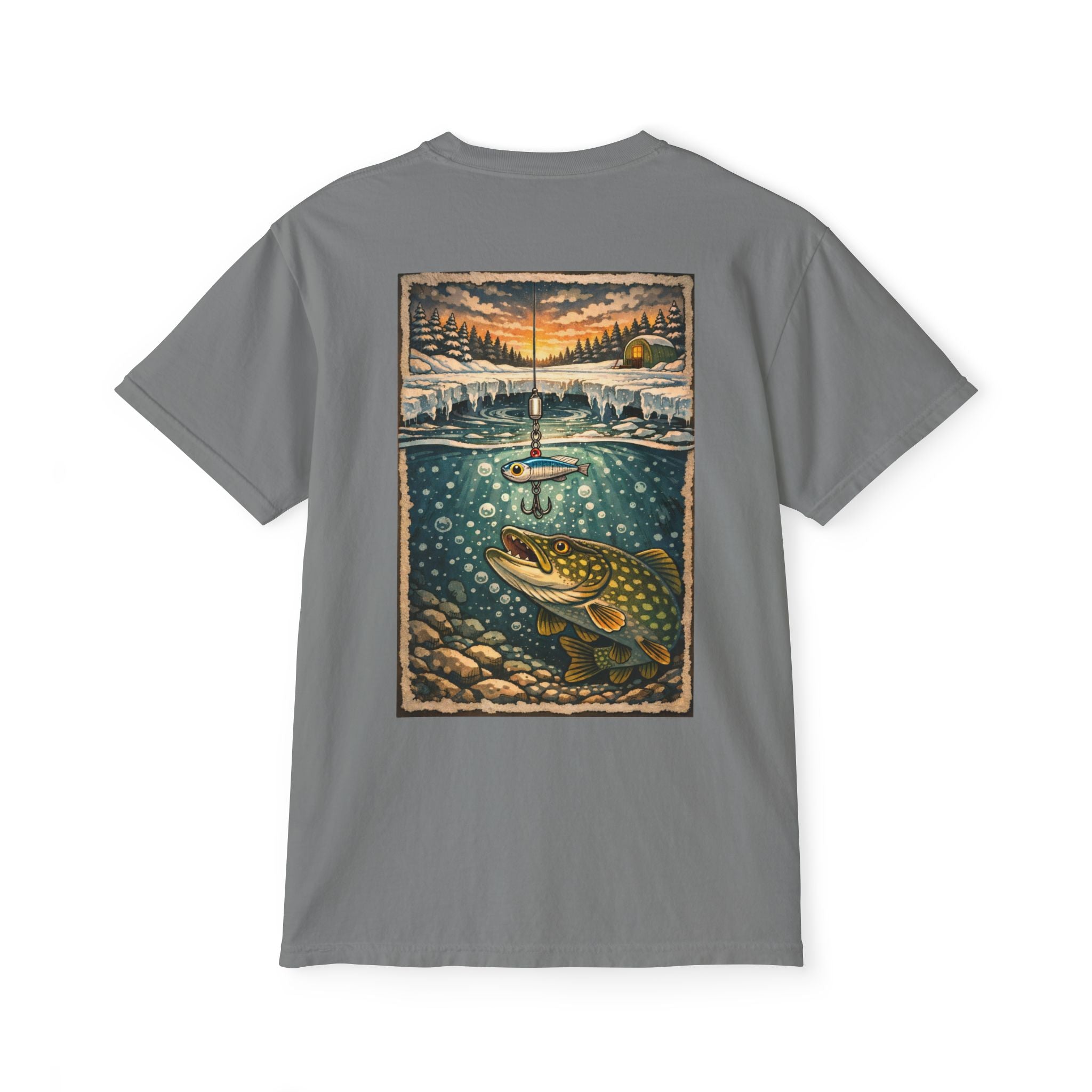 Fishing Pocket T-Shirt — Ice fishing Lake Art Tee