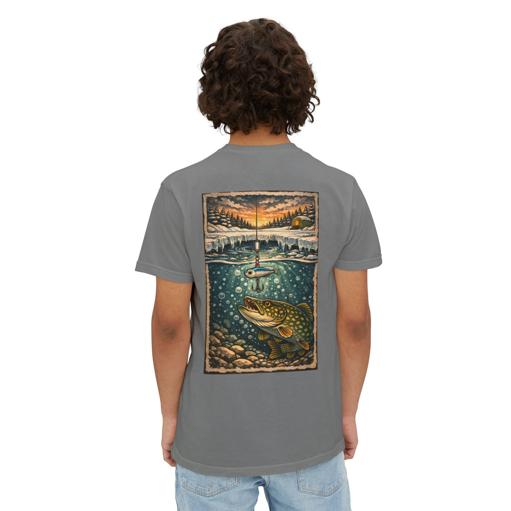 Fishing Pocket T-Shirt — Ice fishing Lake Art Tee