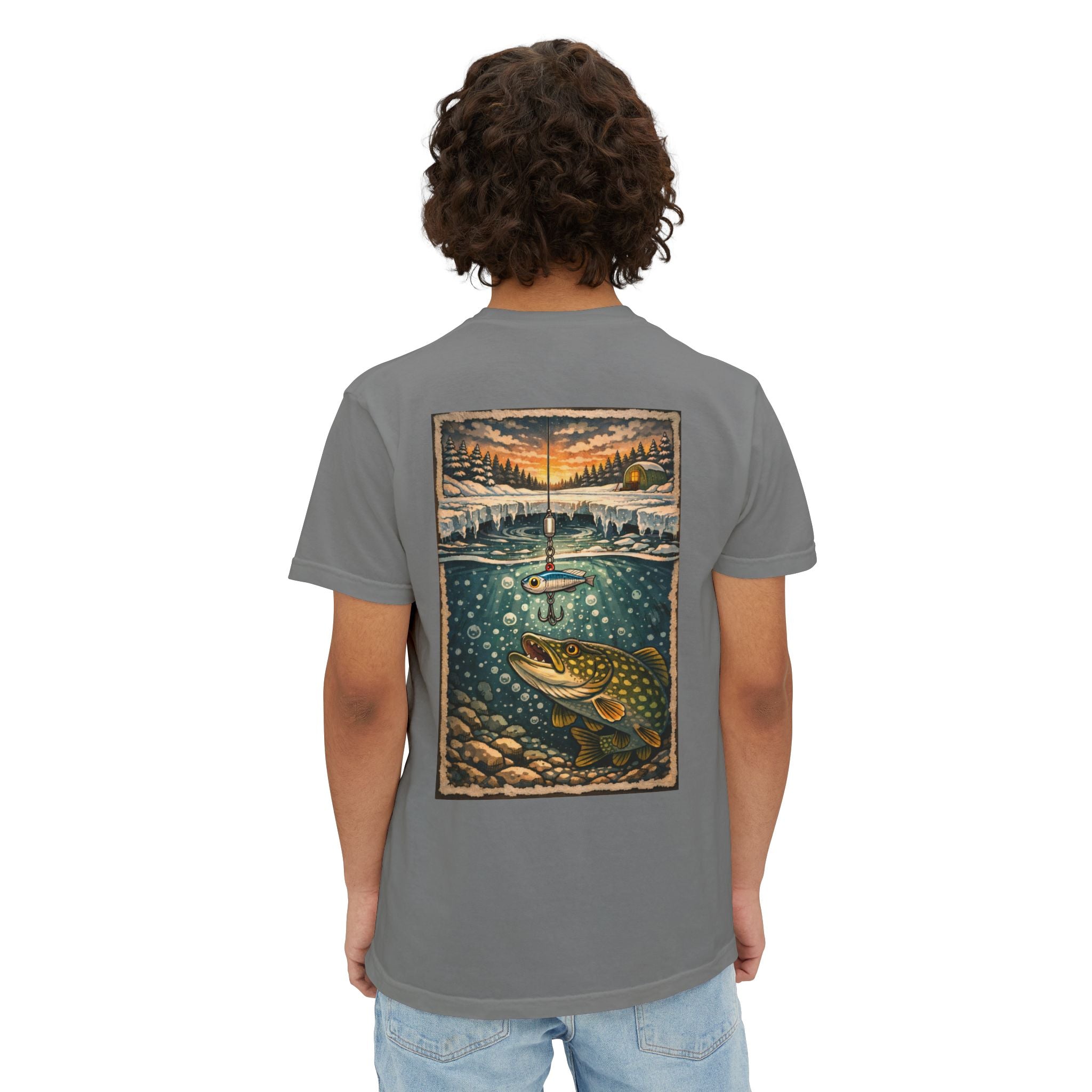 Fishing Pocket T-Shirt — Ice fishing Lake Art Tee