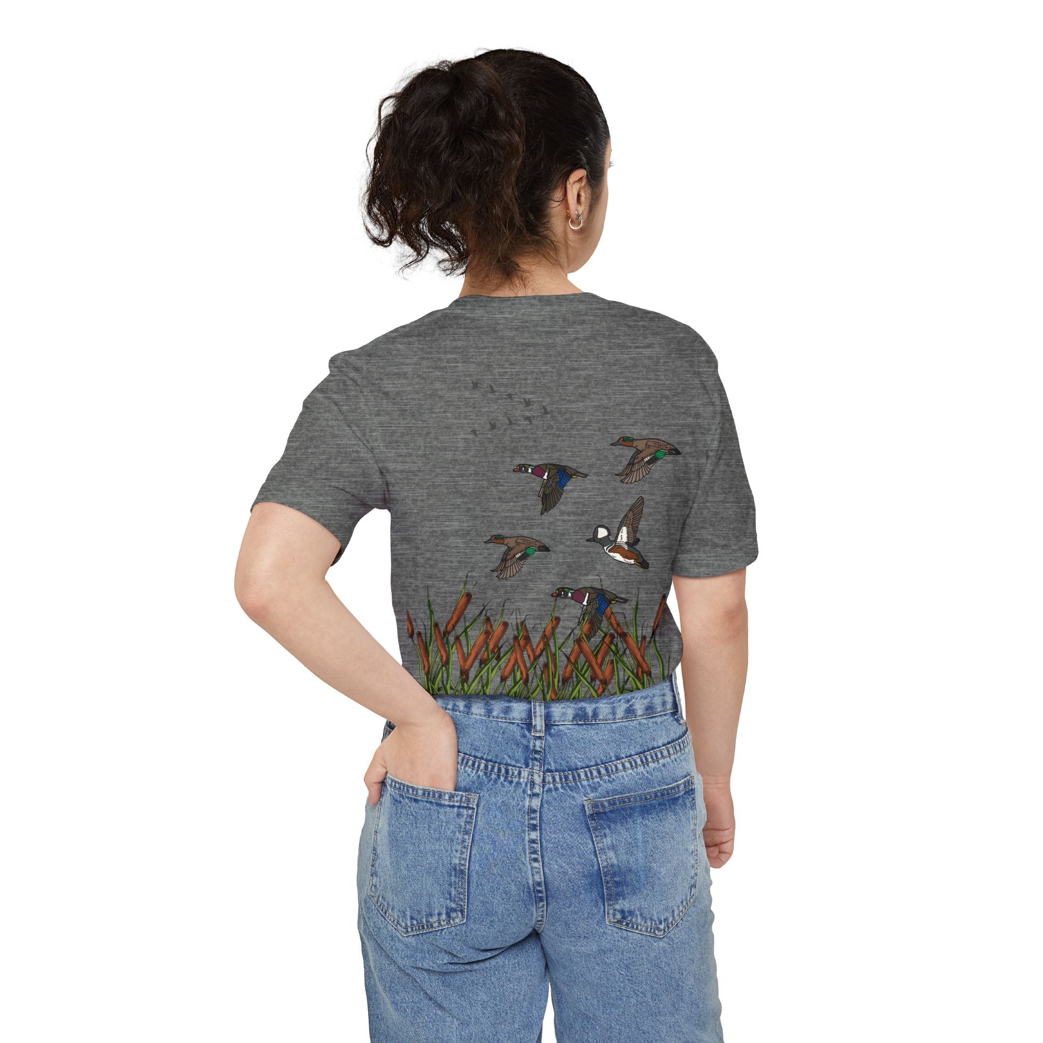Pocket T-Shirt — Vintage Duck Marsh Graphic Tee (Cattails & Flying Ducks)