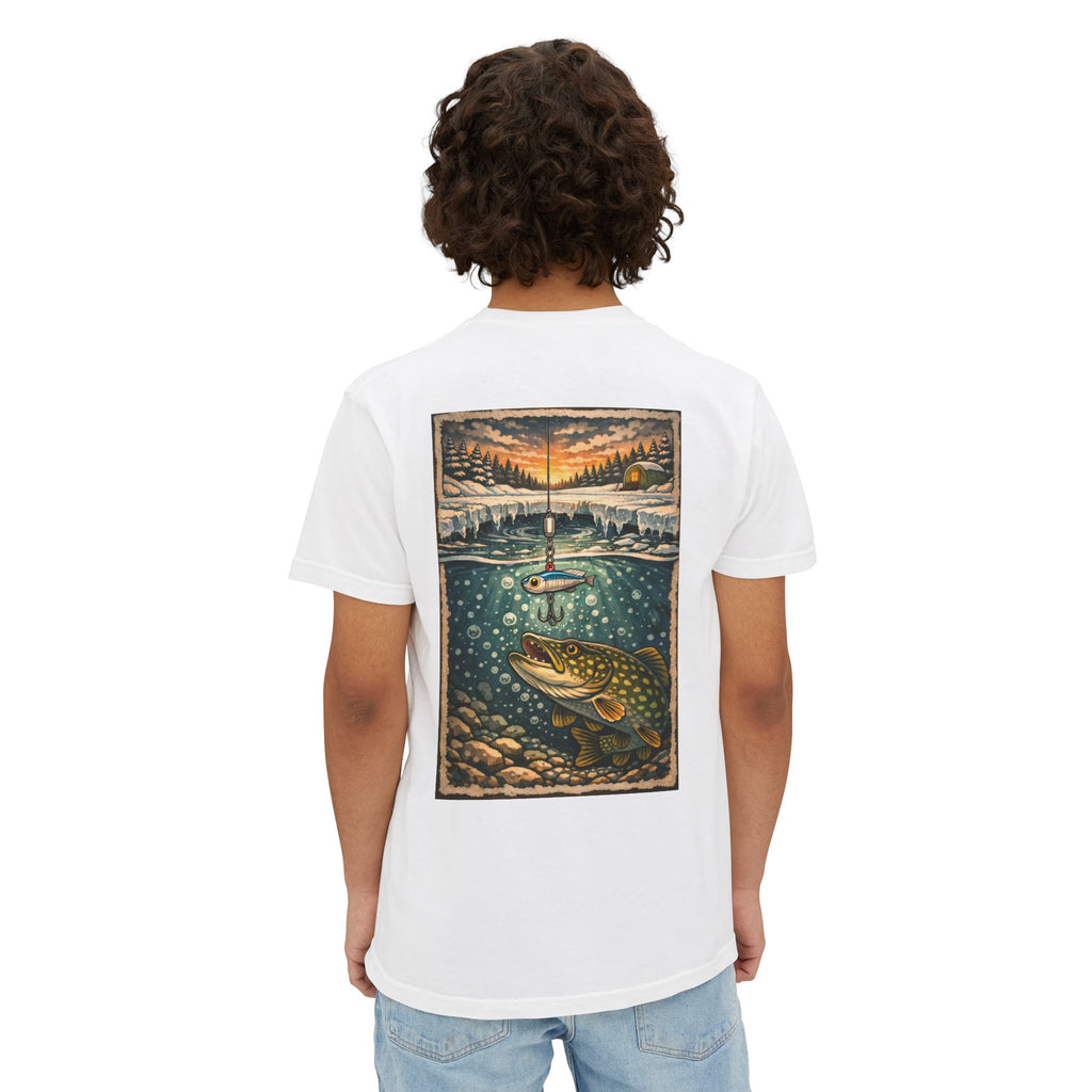 Fishing Pocket T-Shirt — Ice fishing Lake Art Tee