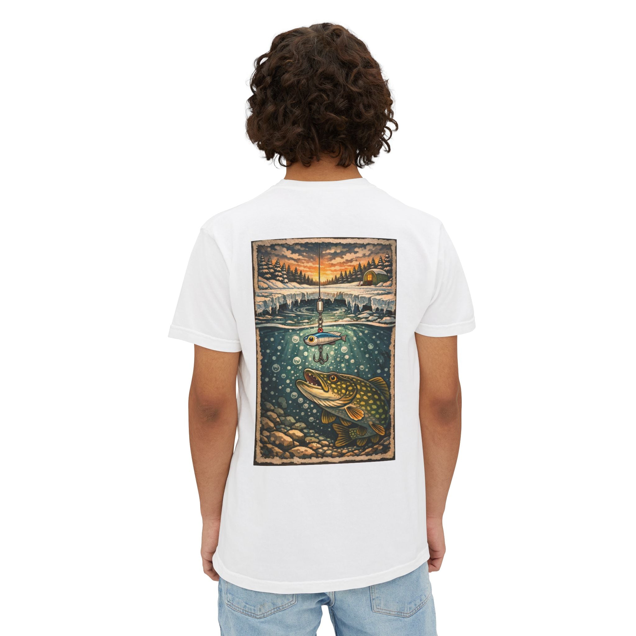 Fishing Pocket T-Shirt — Ice fishing Lake Art Tee